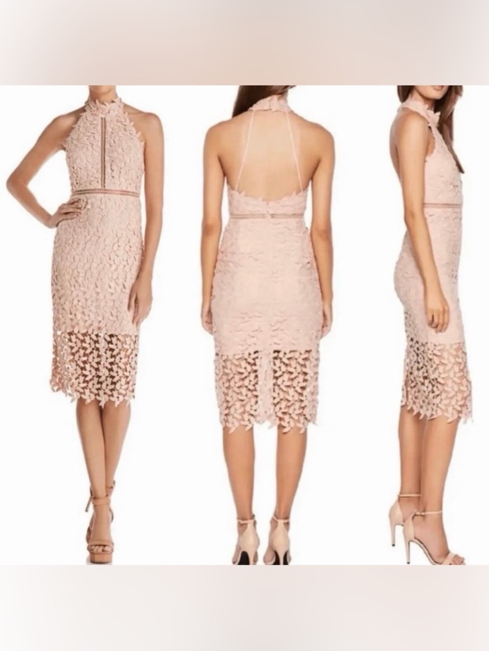 🆕 Bardot Blush Lace Halter Midi Dress